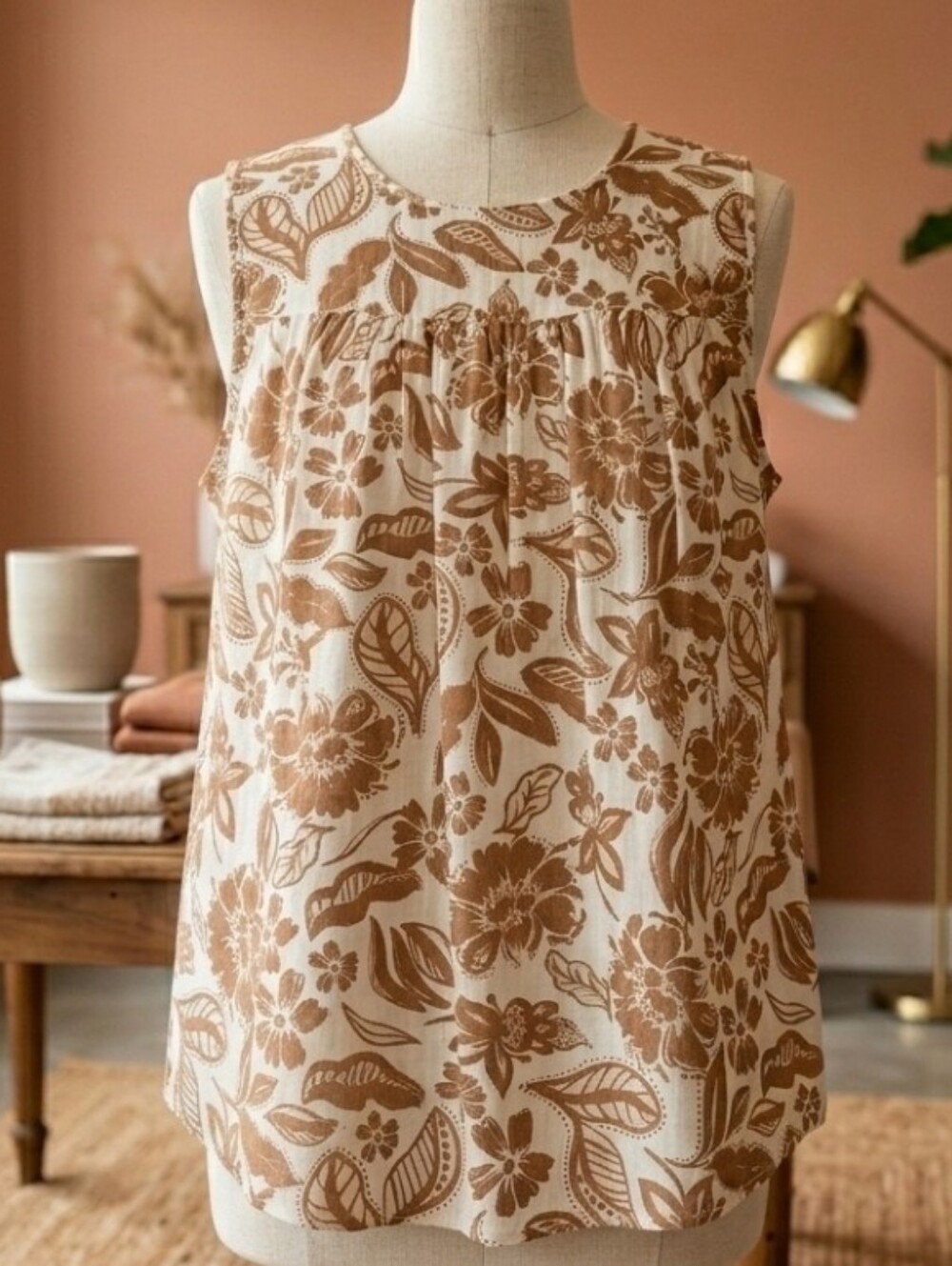 Sonoma Floral Tank Top Large Beige Brown Sleeveless Boho Cottagecore Summer